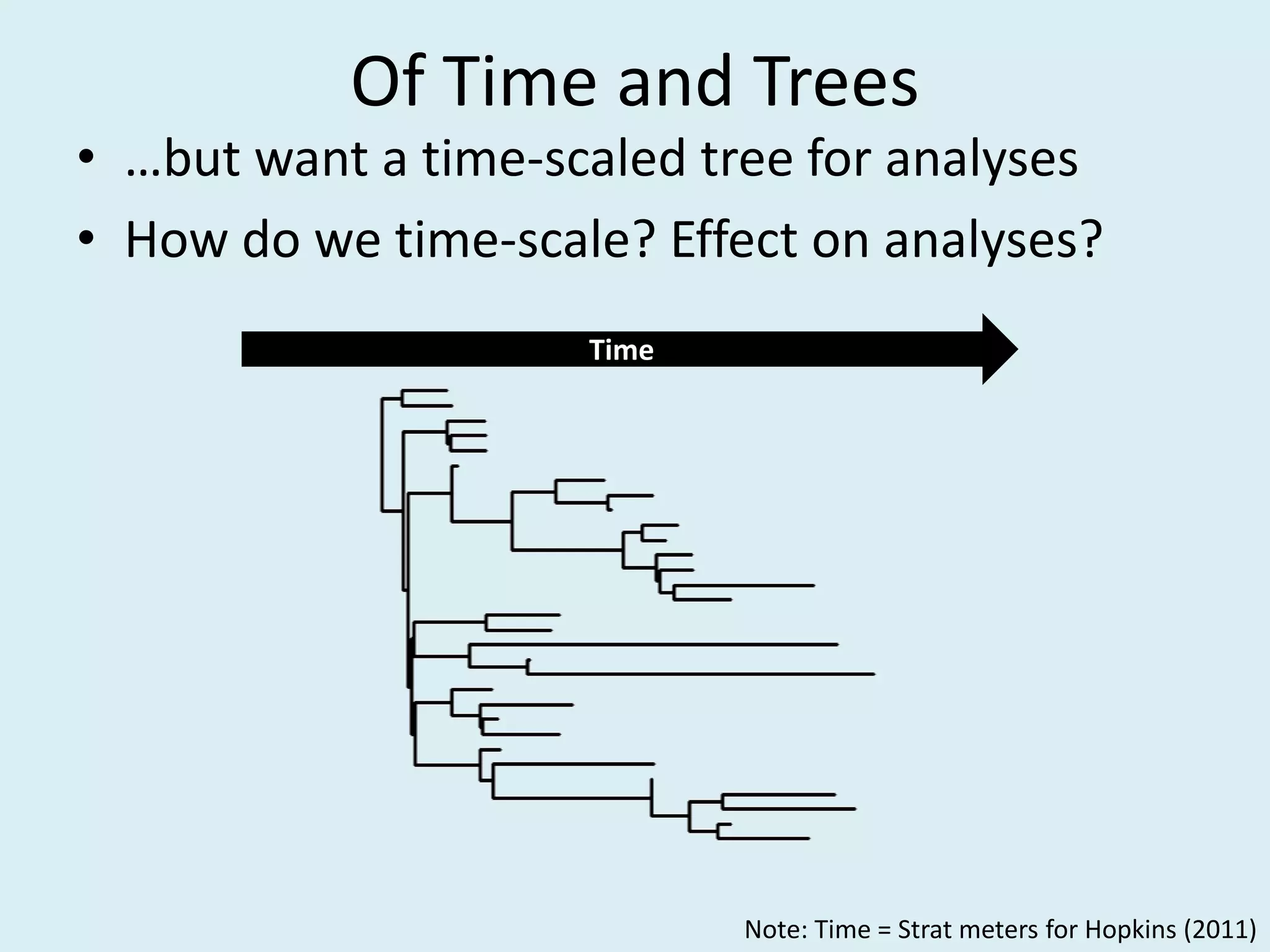 Of Time and Trees
Time
• …but want a time-scaled tree for analyses
• How do we time-scale? Effect on analyses?
Note: Time = Strat meters for Hopkins (2011)
 