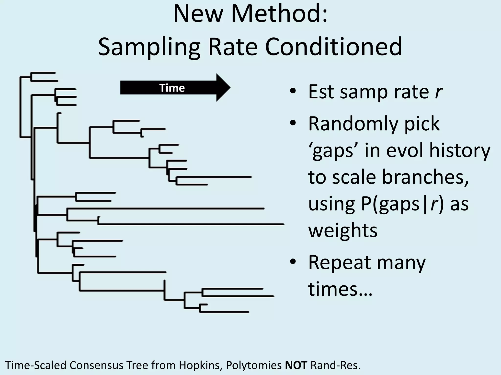 New Method:
Sampling Rate Conditioned
• Est samp rate r
• Randomly pick
‘gaps’ in evol history
to scale branches,
using P(gaps|r) as
weights
• Repeat many
times…
Time
Time-Scaled Consensus Tree from Hopkins, Polytomies NOT Rand-Res.
 