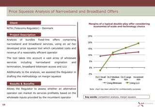 Price Squeeze Analysis of Narrowband and Broadband Offers


       Client                                                         Margins of a typical double-play offer considering
                                                                         economies of scale and technology choice
     NITA (Telecoms Regulator) - Denmark

       Project Description

     Analysis   of   bundles    fixed-line   offers   comprising
     narrowband and broadband services, using an ad hoc
     developed prize squeeze tool which calculated costs and
     revenue of a reasonably efficient operator

     The tool takes into account a vast array of wholesale
     services   including      narrowband     origination   and
     termination, broadband bitstream access and LLU

     Additionally to the analysis, we assisted the Regulator in
     drafting the methodology on margin squeeze


       Results & Benefits

     Allows the Regulator to assess whether an alternative             Note: chart has been altered for confidentiality purposes

     operator can market its services profitably based on the
     wholesale inputs provided by the incumbent operator           Key words: competition analysis, margin squeeze


10
 
