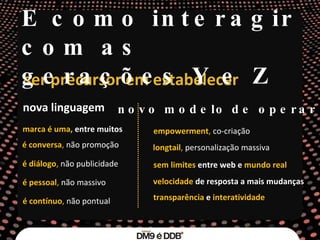 nova linguagem novo modelo de operar é conversa ,  não promoção marca é uma,  entre muitos é diálogo ,  não publicidade é pessoal ,  não massivo longtail ,  personalização massiva sem limites  entre web e  mundo real é contínuo ,  não pontual velocidade  de resposta a mais mudanças transparência  e  interatividade empowerment ,  co-criação ser precursor em estabelecer  E como interagir com as gerações Y e Z 