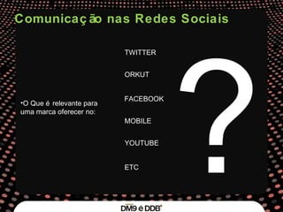 O Que é relevante para uma marca oferecer no: TWITTER ORKUT FACEBOOK MOBILE YOUTUBE ETC ? Comunicação nas Redes Sociais  