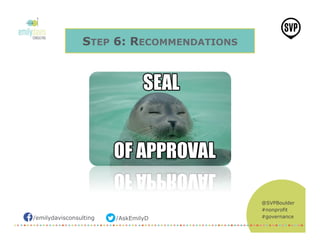 /emilydavisconsulting /AskEmilyD
@SVPBoulder
#nonprofit
#governance
STEP 6: RECOMMENDATIONS
 