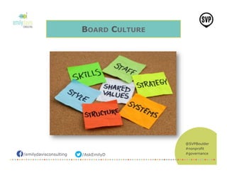 /emilydavisconsulting /AskEmilyD
@SVPBoulder
#nonprofit
#governance
BOARD CULTURE
 