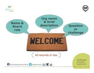 @SVPBoulder
#nonprofit
#governance/emilydavisconsulting /AskEmilyD
60 seconds or less
Name &
Board
role
Question
or
challenge
Org name
& brief
description
 