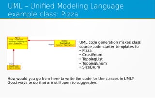UML – Unified Modeling Language
example class: Pizza
UML code generation makes class
source code starter templates for
●
Pizza
●
CrustEnum
●
ToppingList
●
ToppingEnum
●
SizeEnum
How would you go from here to write the code for the classes in UML?
Good ways to do that are still open to suggestion.
 