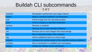 Buildah CLI subcommands
2 of 2
manifest Manipulate manifest lists and image indexes
mount Mount a working container's root filesystem
pull Pull an image from the specified location
push Push an image to a specified destination
rename Rename a container
rm Remove one or more working containers
rmi Remove one or more images from local storage
run Run a command inside of the container
tag Add an additional name to a local image
umount Unmount the root file system of the specified working containers
unshare Run a command in a modified user namespace
version Display the Buildah version information
 