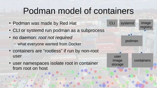 Podman model of containers
●
Podman was made by Red Hat
●
CLI or systemd run podman as a subprocess
●
no daemon: root not required
– what everyone wanted from Docker
●
containers are “rootless” if run by non-root
user
●
user namespaces isolate root in container
from root on host
podman
user
image
storage
containers
CLI image
registry
systemd
 