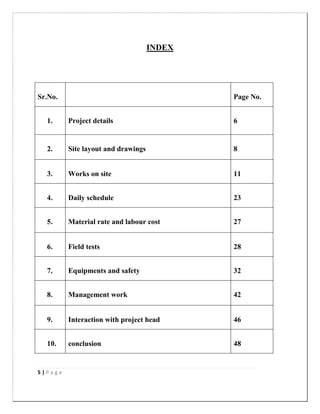 5 | P a g e
INDEX
Sr.No. Page No.
1. Project details 6
2. Site layout and drawings 8
3. Works on site 11
4. Daily schedule 23
5. Material rate and labour cost 27
6. Field tests 28
7. Equipments and safety 32
8. Management work 42
9. Interaction with project head 46
10. conclusion 48
 