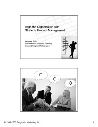 Align the Organization with
                     Strategic Product Management


                     January 4, 2006
                     Barbara Nelson, Pragmatic Marketing
                     bnelson@PragmaticMarketing.com




                                                           1




                                                           2




© 1993-2006 Pragmatic Marketing, Inc.                          1
 