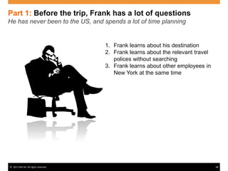 Part 1: Before the trip, Frank has a lot of questions
He has never been to the US, and spends a lot of time planning


                                      1. Frank learns about his destination
                                      2. Frank learns about the relevant travel
                                         polices without searching
                                      3. Frank learns about other employees in
                                         New York at the same time




© 2011 SAP AG. All rights reserved.                                               48
 
