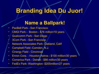 Branding Idea Du Juor!
              Name a Ballpark!
•   PacBell Park - San Francisco
•   CMGI Park - Boston - $76 million/10 years
•   Qualcomm Park - San Diego
•   3Com Park - San Francisco
•   Network Associates Park -Oakland, Calif
•   Campbell Field -Camden, N.J.
•   Cinergy Field - Cincinnati
•   Enron Corp. - Houston Astros - $100 million/30 years
•   Comerica Park - Detroit - $86 million/30 years
•   FedEx Park- Washington- $205million/27 years
 