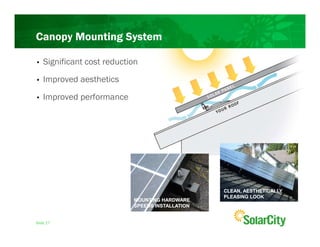 Canopy Mounting System

•   Significant cost reduction
•   Improved aesthetics
•   Improved performance




                                                  CLEAN, AESTHETICALLY
                                                  PLEASING LOOK
                            MOUNTING HARDWARE
                            SPEEDS INSTALLATION


Slide 27
 