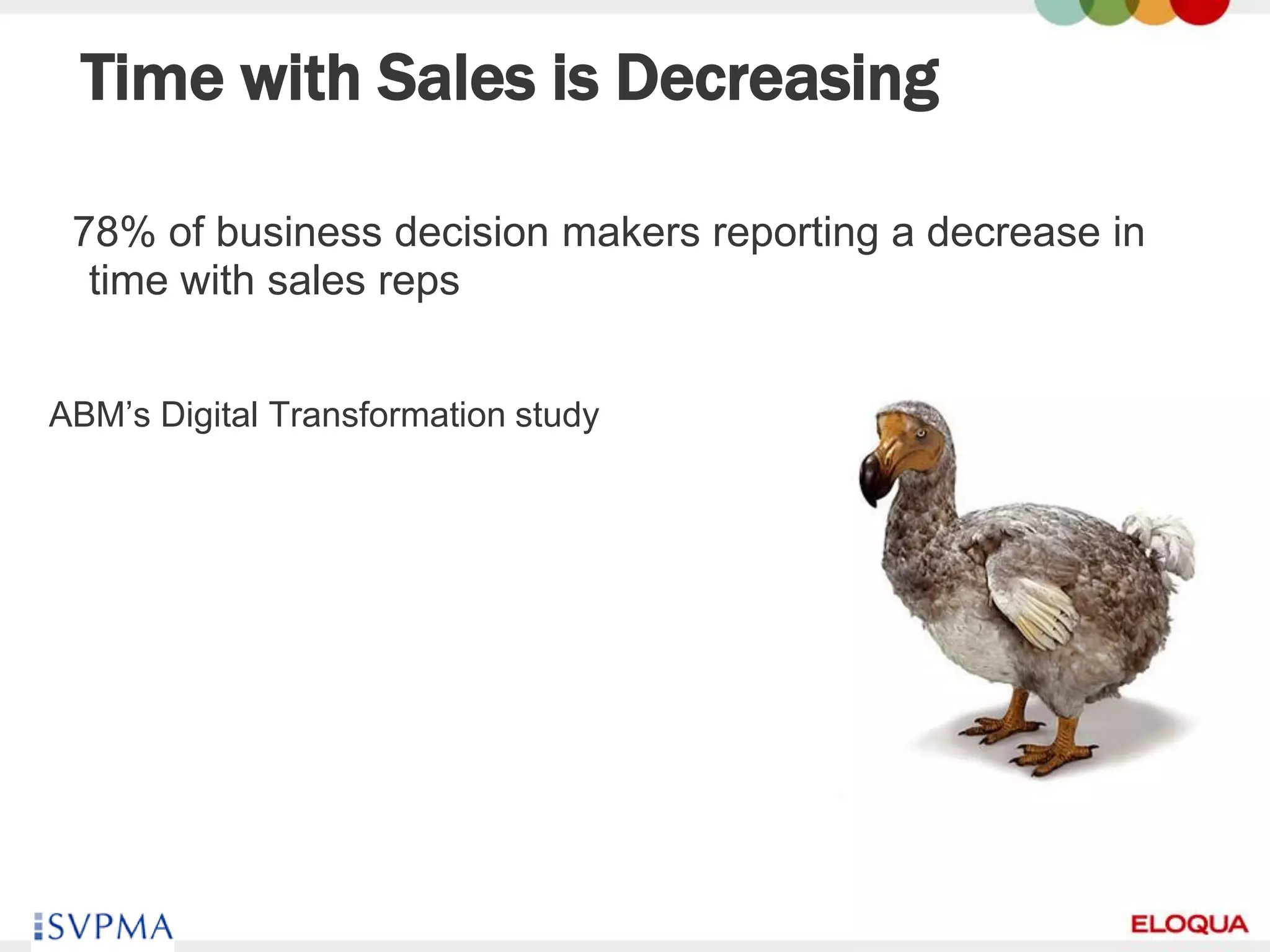 Time with Sales is Decreasing

 78% of business decision makers reporting a decrease in
  time with sales reps


ABM’s Digital Transformation study




  34
 
