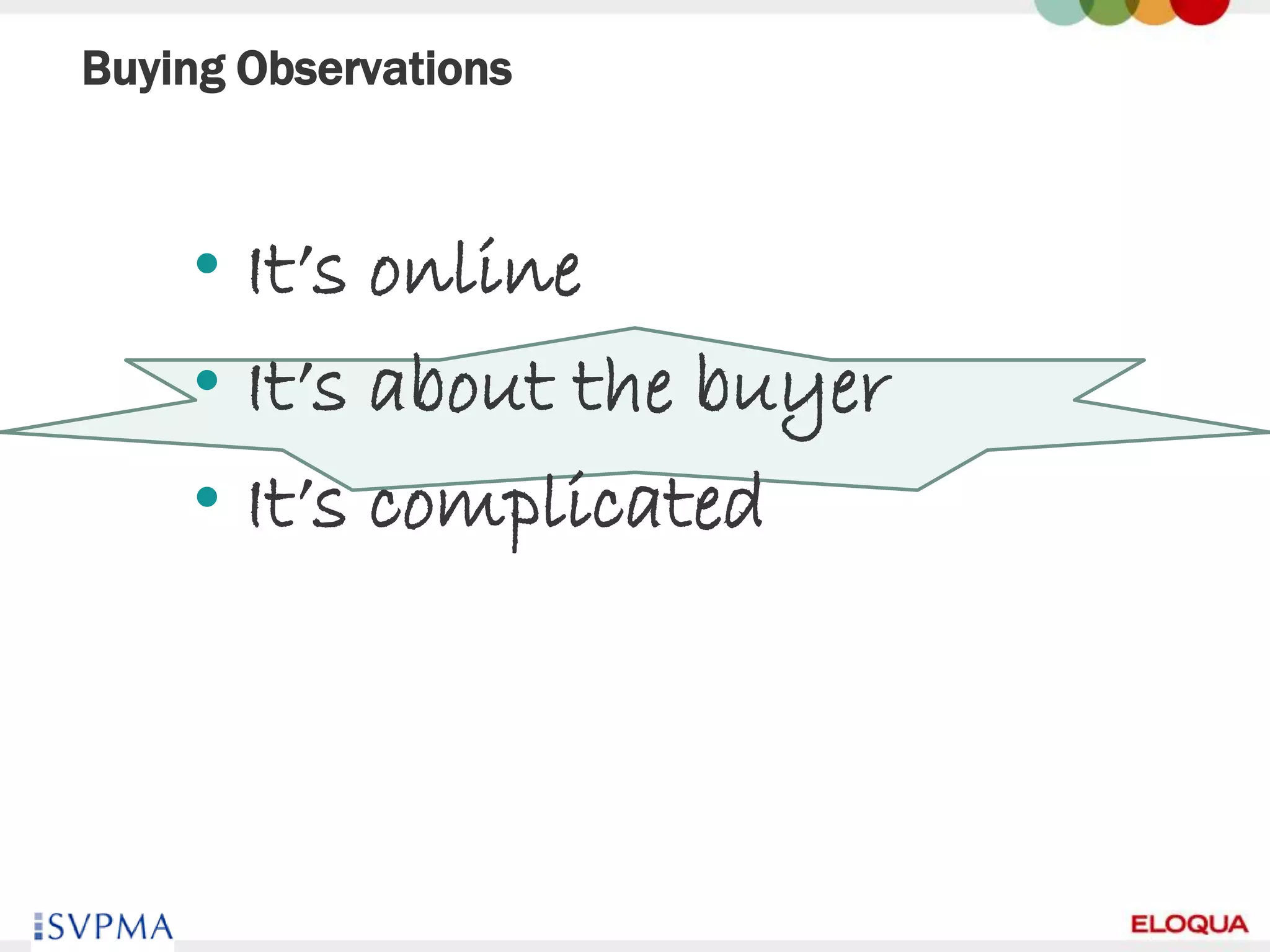 Buying Observations



     • It’s online
     • It’s about the buyer
     • It’s complicated




37
 