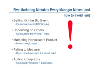 Five Marketing Mistakes Every Manager Makes (and
                                 how to avoid ‘em)
• Betting On the Big Event
  – Gambling Instead Of Planning

• Depending on Others
  – Outsourcing the Wrong Things

• Marketing Nonexistent Product
  – Non-strategic Hype

• Failing to Measure
  – If you didn’t measure it, it didn’t exist

• Adding Complexity
  – Confused Prospects = Lost Sales
 