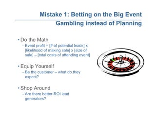 Mistake 1: Betting on the Big Event
                 Gambling instead of Planning

• Do the Math
  – Event profit = [# of potential leads] x
    [likelihood of making sale] x [size of
    sale] – [total costs of attending event]

• Equip Yourself
  – Be the customer – what do they
    expect?

• Shop Around
  – Are there better-ROI lead
    generators?
 