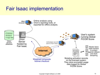 Fair Isaac implementation

                   Web      Online analysis using
                browser     Orion’s reporting tools, or
                            exported for offline analysis.



- Customer
- Products                                                                                      User’s system
- Usage data                                                                                    running Global
                 Orion                                                                          FICO® Score
  Orion         Server                       Activation record
 service                                     sent to Fair Isaac
database       hosted by
               Fair Isaac                                                                           shYhshh
                                                                                                    99*hsh&
                                                                                                    Lkjk(jH)
                                                                                                    65$5gFl     Master-slave
                                                                                                                state trackers
                                                                                                    H6$3-.<




                                 Internet
                                                                                                    shYhshh
                                                                                  shYhshh
                                                                                    shYhshh
                                                                                  99*hsh&
                                                                                                    99*hsh&
                                                                                                    Lkjk(jH)
                                                                                                    65$5gFl
                                                                                                                  to protect
                                                                                    99*hsh&
                                                                                  Lkjk(jH)
                                                                                                    H6$3-.<
                                                                                                               against rollback
                                                                                     Lkjk(jH)
                                                                                  65$5gFl                         and clock
                                                                                                    shYhshh
                                                                                                    99*hsh&
                                                                                    65$5gFl
                                                                                  H6$3-.<           Lkjk(jH)

                                                                                                                  tampering
                                                                                                    65$5gFl
                                                                                    H6$3-.<         H6$3-.<




                            Weighted composite                           Mutating activation records
                                                                           on the licensed system.
                             license checkout
                                                                         They store encrypted usage
                                                                            data logged by Global
                                                                                FICO® Score.


                                  Copyright © Agilis Software LLC 2008                                                  10
 