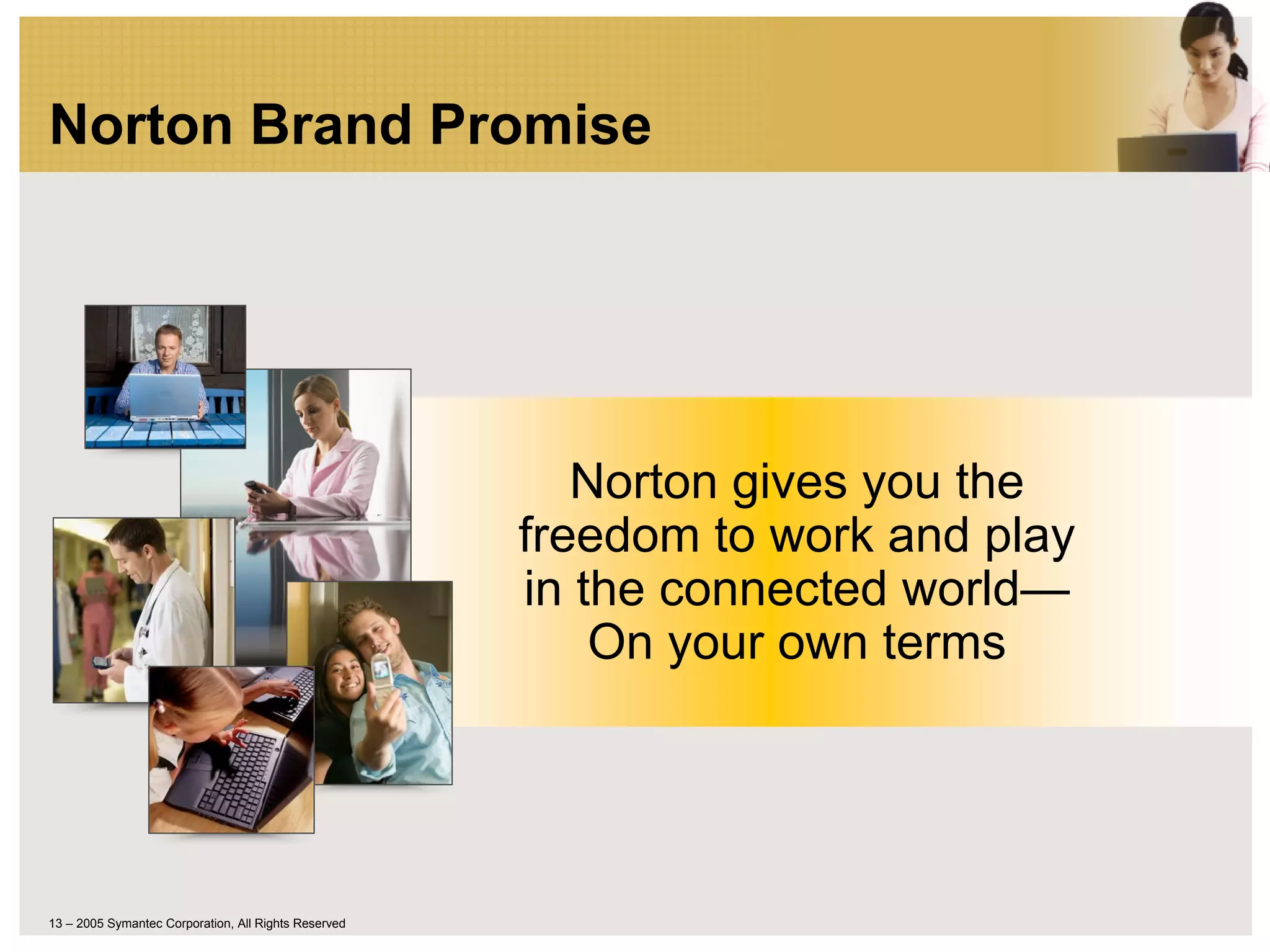 Norton Brand Promise




                                                         Norton gives you the
                                                      freedom to work and play
                                                      in the connected world—
                                                          On your own terms




13 – 2005 Symantec Corporation, All Rights Reserved
 