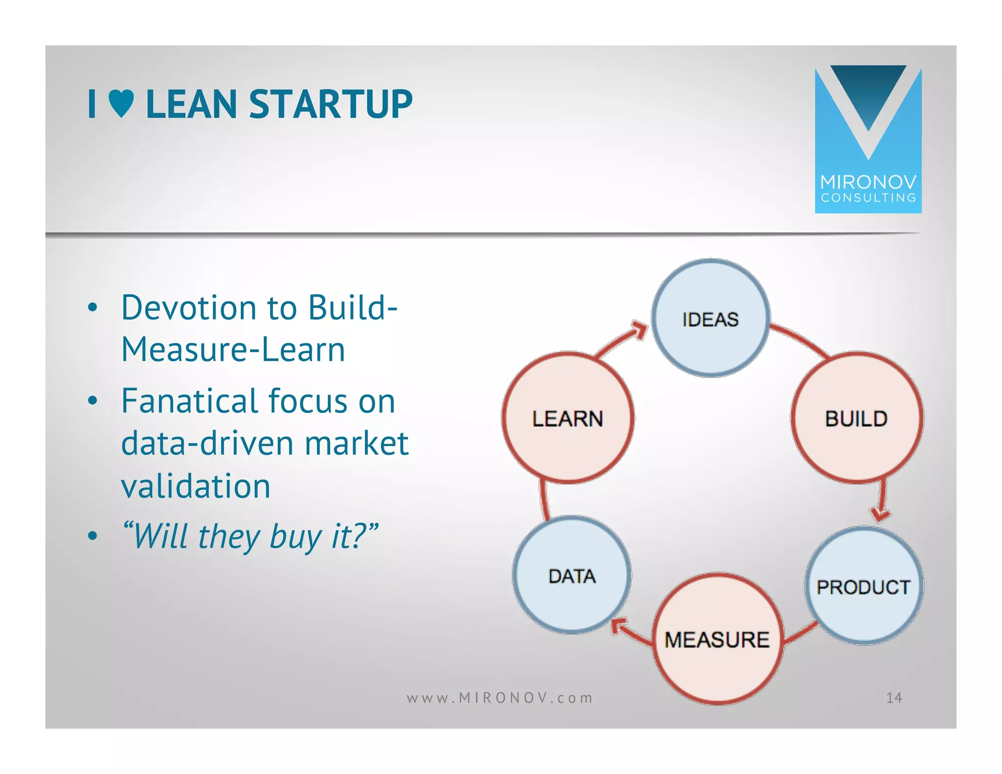 •  Devotion to Build-
Measure-Learn
•  Fanatical focus on
data-driven market
validation
•  “Will they buy it?”
I ♥︎ LEAN STARTUP
14w w w . M I R O N O V . c o m
 