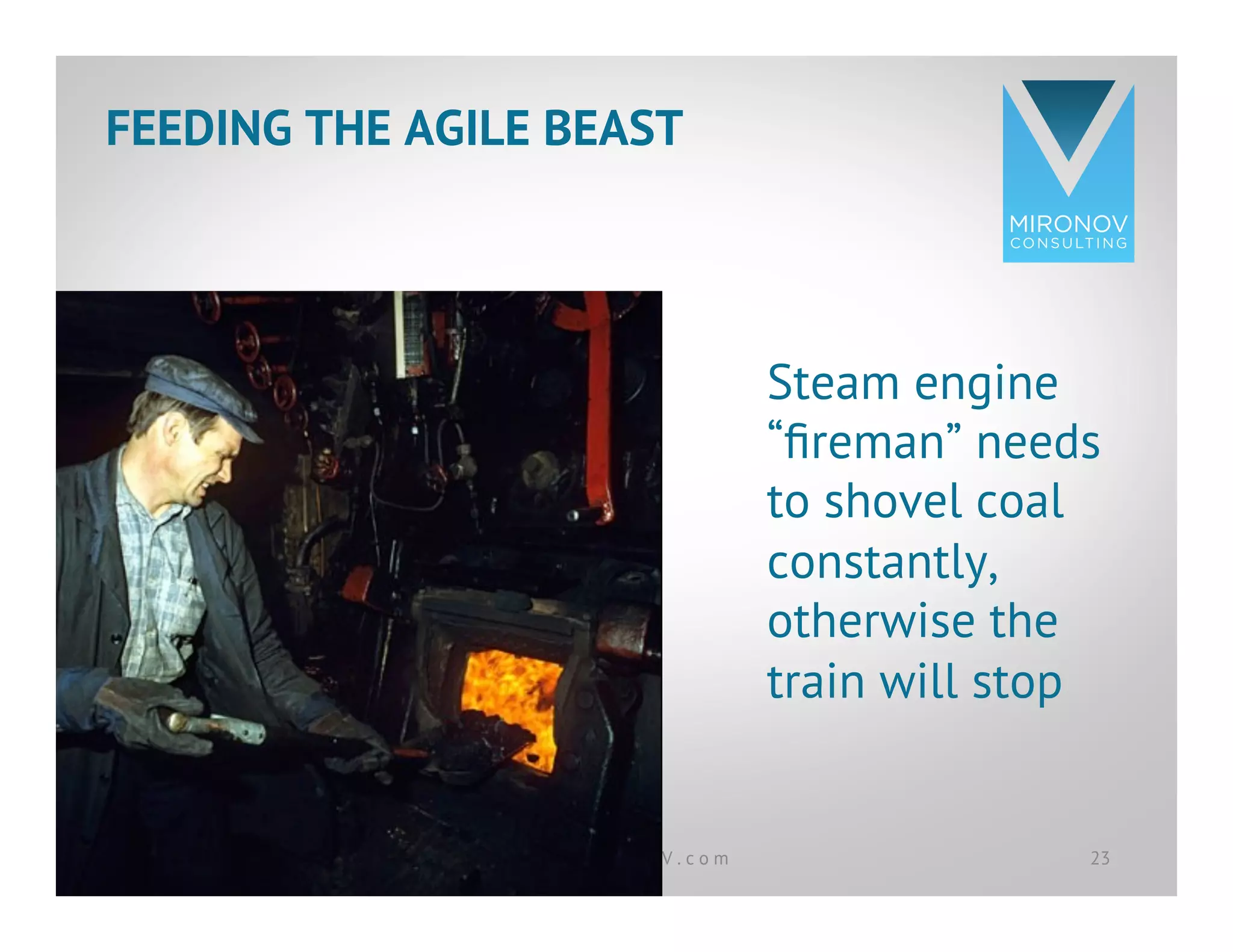 CLICK TO EDIT
MASTER TITLE
STYLE
FEEDING THE AGILE BEAST
w w w . M I R O N O V . c o m 23
Steam engine
“ﬁreman” needs
to shovel coal
constantly,
otherwise the
train will stop
 