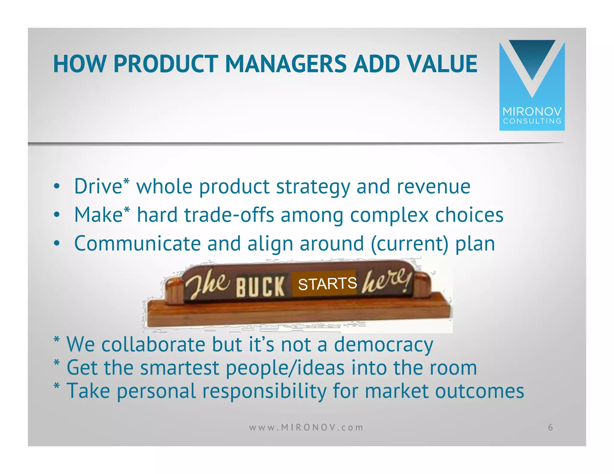 •  Drive* whole product strategy and revenue
•  Make* hard trade-offs among complex choices
•  Communicate and align around (current) plan
* We collaborate but it’s not a democracy
* Get the smartest people/ideas into the room
* Take personal responsibility for market outcomes
HOW PRODUCT MANAGERS ADD VALUE
6w w w . M I R O N O V . c o m
STARTS
 
