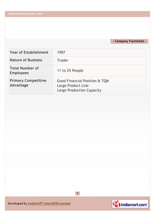 - Company Factsheet -


Year of Establishment   1987

Nature of Business      Trader

Total Number of
                    ...