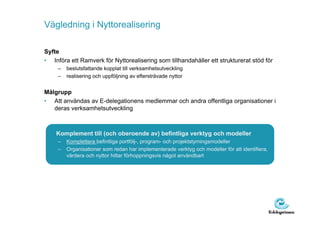 Vägledning i Nyttorealisering

Syfte
• Införa ett Ramverk för Nyttorealisering som tillhandahåller ett strukturerat stöd för
     –   beslutsfattande kopplat till verksamhetsutveckling
     –   realisering och uppföljning av eftersträvade nyttor


Målgrupp
• Att användas av E-delegationens medlemmar och andra offentliga organisationer i
   deras verksamhetsutveckling



    Komplement till (och oberoende av) befintliga verktyg och modeller
     –   Komplettera befintliga portfölj-, program- och projektstyrningsmodeller
     –   Organisationer som redan har implementerade verktyg och modeller för att identifiera,
         värdera och nyttor hittar förhoppningsvis något användbart
 