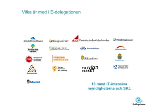 Vilka är med i E-delegationen




                                 16 mest IT-intensiva
                                myndigheterna och SKL
 