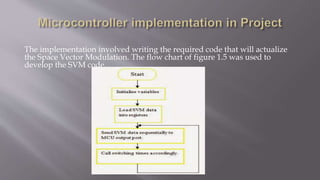 The implementation involved writing the required code that will actualize
the Space Vector Modulation. The flow chart of figure 1.5 was used to
develop the SVM code.
 
