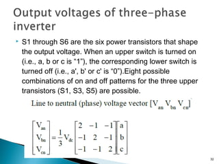  S1 through S6 are the six power transistors that shape
the output voltage. When an upper switch is turned on
(i.e., a, b or c is “1”), the corresponding lower switch is
turned off (i.e., a', b' or c' is “0”).Eight possible
combinations of on and off patterns for the three upper
transistors (S1, S3, S5) are possible.
32
 