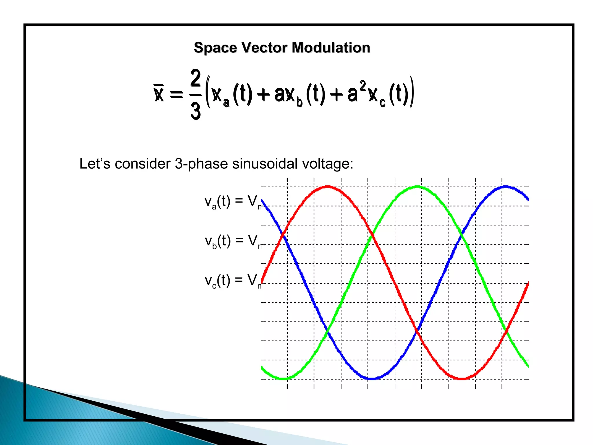 Space Vector Modulation


           v = ( v a ( t ) + av b ( t ) + a 2 v c ( t ) )
              2
           x     x           ax               x
              3

Let’s consider 3-phase sinusoidal voltage:

                   va(t) = Vmsin(ωt)

                    vb(t) = Vmsin(ωt - 120o)

                    vc(t) = Vmsin(ωt + 120o)
 