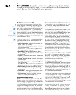 20



02.1                             	 as Jahr 2008. Neue Zeiten erfordern eine neue Orientierung. Gerade in einem
                                  D
                                 schwierigen wirtschaftlichen Umfeld ist zukunftsorientiertes Wachstum Voraussetzung,
                                 um die Chancen einer Krise langfristig nutzen zu können.




                                 Wertsteigerung als oberstes Ziel                                Dies spiegelt nicht zuletzt die Technologiekom­ etenz und
                                                                                                                                               p
                                 Mit ihrer Unternehmensstrategie Number ONE hat die              Innovationsdynamik der BMW Group wider. Mit ihrer Strate-
                  Seite 74 ff.
                                 BMW Group diese Voraussetzung geschaffen. Ihr Ziel ist          gie Number ONE stellt sie heute die Weichen, um auch
                                 klar: Die BMW Group will der weltweit führende Anbieter         morgen dynamisch wachsen zu können.
                                 von Premium-Produkten und Premium-Dienstleistungen
                                 für individuelle Mobilität werden. Auf diesem Weg kon­          Das ist insbesondere deshalb essentiell, weil die Automo-
          UN Global Compact      zentriert sich das Unternehmen auf Profitabilität und lang-     bilbranche derzeit ihren bislang grundlegendsten Um-
                                 fristige Wertsteigerung. Darüber hinaus zählen Wachstum,        bruch erlebt. Dabei führten exogene wie endogene Fakto-
                                 eine aktive Zukunftsgestaltung sowie der Zugang zu neuen        ren im vergangenen Jahr auch bei der BMW Group zu
       Geschäftsbericht 2008     Technologien und Kunden zu den vier strategischen Stoß-         einer erheblichen Geschäftseintrübung. So mündete die
            der BMW Group
                                 richtungen der BMW Group.                                       konjunkturelle Krise in der zweiten Jahreshälfte 2008 in
                                                                                                 eine spürbare Kaufzurückhaltung bei Kunden. Angesichts
                                 Fundament ihres Handelns sind zwölf Grundüberzeugun-            der Unsicherheit über die weitere Wirtschaftsentwicklung
                                 gen, die der Vorstand mit der Strategie Number ONE              entschieden sich deutlich weniger Verbraucher für den
www.bmwgroup.com/guidelines      f
                                 ­ormuliert hat.                                                 Kauf eines neuen oder gebrauchten Fahrzeugs der BMW
                                 –   undenorientierung – Kunde und Kundennutzen ste-
                                    K                                                            Group. Während der US-Dollar und das Britische Pfund
                                    hen im Zentrum des Handelns.                                 negative Impulse setzten, stiegen gleichzeitig die Refinan-
                                 –   öchstleistung – Der Wille, Bester zu sein, leitet Unter-
                                    H                                                            zierungskosten auf den internationalen Kapitalmärkten.
                                    nehmen und Mitarbeiter.                                      Ungeachtet der wirtschaftlichen Schockstarre verharrten
                                 –   erantwortung – Jeder Mitarbeiter trägt Mitverantwor-
                                    V                                                            die Rohstoffpreise über das Jahr gesehen auf einem über-
                                    tung für den Unternehmenserfolg.                             durchschnittlich hohen Niveau.
                                 –   irksamkeit – Nur nachhaltige Ergebnisse zählen.
                                    W
                                 –  Wandlungsfähigkeit – Flexibilität als wesentliche Erfolgs-
                                                                                                Zu den endogen belastenden Faktoren zählten die mit dem
                                    voraussetzung.                                               planmäßigen Personalabbau (s. Kapitel 05) einhergehen-
                                 –   issens – Der Wettstreit um die besten Lösungen wird
                                    D                                                            den Kosten. Auch modellzyklusbedingte Effekte trugen
                                    offen ausgetragen.                                           dazu bei, dass der Automobilabsatz der BMW Group im
                                 – Respekt, Vertrauen, Fairness – Die Basis für erfolgreiche    Jahr 2008 unter dem Vorjahreswert blieb.
                                    Zusammenarbeit.
                                 –   itarbeiter – Mitarbeiter sind der stärkste Erfolgsfaktor
                                    M                                                            Absatz, Umsatz und Ergebnis 2008
                                    des Unternehmens.                                            Der weltweite Automobilabsatz der BMW Group verringer-
                                 –   orbildfunktion – Führungskräfte müssen sich ihrer Vor-
                                    V                                                            te sich um 4,3 % gegenüber dem Vorjahr, wenngleich das
                                    bildfunktion bewusst sein – und entsprechend handeln.        Unternehmen mit über 1,4 Mio. verkauften Fahrzeugen im-
                                 –   achhaltigkeit – Nachhaltiges Handeln als Element
                                    N                                                            mer noch den zweitbesten Absatzwert seiner Geschichte
                                    u
                                    ­ nternehmerischer Verantwortung und als Beitrag zur         erreichte. Bei den Motorrädern konnte die BMW Group mit
                                    Wertschöpfung.                                               101.685 verkauften BMW Motorrädern (– 0,8 %) nahezu an
                                 –   esellschaft – Gesellschaftliche Verantwortung ist Teil
                                    G                                                            die guten Vorjahreswerte anschließen.
                                    des unternehmerischen Selbstverständnisses.
                                 –   nabhängigkeit – Nachhaltig profitables Wachstum
                                    U                                                            Insgesamt führten all diese Faktoren zu einem 5 %igen Um-
                                    s
                                    ­ ichert die Unabhängigkeit der BMW Group.                   satzrückgang auf 53.197 Mio. Euro. Im Automobilsegment
                                                                                                 setzte die BMW Group 48.782 Mio. Euro (– 9,4 %), im Seg-
                                 Automobilbranche im Umbruch                                     ment Motorräder 1.230 Mio. Euro (+ 0,2 %) um. Ihr Umsatz
                                 Auf Basis dieser Grundüberzeugungen steuert die BMW             im Finanzdienstleistungsgeschäft stieg um 12,8 % auf
                                 Group konzentriert durch die aktuelle Krise. Dabei fokus-       15.725 Mio. Euro. Der operative Cashflow lag mit 4.471 Mio.
                                 siert sie zum einen auf die Sicherung ihrer finanziellen Aus-   Euro um 28,4 % unter dem Vorjahreswert.
                                 stattung und hohe Liquidität. Zum anderen arbeitet sie
                                 mit Hochdruck an der Entwicklung attraktiver, wegweisen-        Am deutlichsten zeigten sich die krisenbedingten Verwer-
                                 der Produkte und hat im vergangenen Jahr In­ estitionen
                                                                                 v               fungen im Konzernergebnis, das besonders durch die
                                 in Höhe von 4.204 Mio. Euro (– 1,5 % gegenüber 2007) getä-      n
                                                                                                 ­ otwendigen Maßnahmen zur zusätzlichen Risikovorsorge
                                 tigt. In den vergangenen fünf Jahren investierte die BMW        gedrückt wurde. Belastend wirkten sich auch die ange-
                                 Group insgesamt über 21 Mrd. Euro in die eigene Zukunft.        sichts erhöhter Risikoaufschläge an den Kapitalmärkten
 