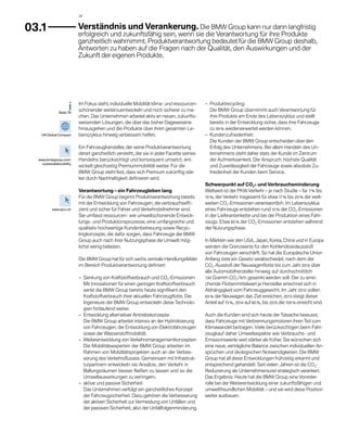 26



03.1                      	 erständnis und Verankerung. Die BMW Group kann nur dann langfristig
                           V
                          erfolgreich und zukunftsfähig sein, wenn sie die Verantwortung für ihre Produkte
                          g
                          ­ anzheitlich wahrnimmt. Produktverantwortung bedeutet für die BMW Group deshalb,
                          Antworten zu haben auf die Fragen nach der Qualität, den Auswirkungen und der
                          Z
                          ­ ukunft der eigenen Produkte.




                          Im Fokus steht, individuelle Mobilität klima- und ressourcen-   – 
                                                                                            Produktrecycling:
               Seite 78
                          schonender weiterzuentwickeln und noch sicherer zu ma-            Die BMW Group übernimmt auch Verantwortung für
                          chen. Das Unternehmen arbeitet aktiv an neuen, zukunfts-          ihre Produkte am Ende des Lebenszyklus und stellt
                          weisenden Lösungen, die über das bisher Dagewesene                b
                                                                                            ­ ereits in der Entwicklung sicher, dass ihre Fahrzeuge
                          hinausgehen und die Produkte über ihren gesamten Le-              zu 95 % wiederverwertet werden können.
    UN Global Compact     benszyklus hinweg verbessern helfen.                            – 
                                                                                            Kundenzufriedenheit:
                                                                                            Die Kunden der BMW Group entscheiden über den
                          Ein Fahrzeughersteller, der seine Produktverantwortung            E
                                                                                            ­ rfolg des Unternehmens. Bei allem Handeln des Un-
                          derart ganzheitlich versteht, der sie in jeder Facette seines     ternehmens steht daher stets der Kunde im Zentrum
  www.bmwgroup.com/       Handelns berücksichtigt und konsequent umsetzt, ent­              der Aufmerksamkeit. Der Anspruch: höchste Qualität
    sustainablemobility
                          wickelt gleichzeitig Premiummobilität weiter. Für die             und Zuverlässigkeit der Fahrzeuge sowie absolute Zu-
                          BMW Group steht fest, dass sich Premium zukünftig stär-           friedenheit der Kunden beim Service.
                          ker durch Nachhaltigkeit definieren wird.
                                                                                          Schwerpunkt auf CO2- und Verbrauchsminderung
                          Verantwortung – ein Fahrzeugleben lang                          Weltweit ist der PKW-Verkehr – je nach Studie – für 7 % bis
                          Für die BMW Group beginnt Produktverantwortung bereits          10 %, der Verkehr insgesamt für etwa 17 % bis 20 % der welt-
                          mit der Entwicklung von Fahrzeugen, die verbrauchseffi­         weiten CO2-Emissionen verantwortlich. Im Lebenszyklus
          www.ipcc.ch     zient und sicher für Fahrer und Verkehrsteilnehmer sind.        eines Fahrzeugs entstehen rund 15 % der CO2-Emissionen
                          Sie umfasst ressourcen- wie umweltschonende Entwick-            in der Lieferantenkette und bei der Produktion eines Fahr-
                          lungs- und Produk­ ionsprozesse, eine umfangreiche und
                                              t                                           zeugs. Etwa 85 % der CO2-Emissionen entstehen während
                          qualitativ hochwertige Kundenbetreuung sowie Recyc-             der Nutzungsphase.
                          lingkonzepte, die dafür sorgen, dass Fahrzeuge der BMW
                          Group auch nach ihrer Nutzungsphase die Umwelt mög-             In Märkten wie den USA, Japan, Korea, China und in Europa
                          lichst wenig belasten.                                          werden die Grenzwerte für den Kohlendioxidausstoß
                                                                                          von Fahrzeugen verschärft. So hat die Europäische Union
                          Die BMW Group hat für sich sechs zentrale Handlungsfelder       A
                                                                                          ­ nfang 2009 ­ in Gesetz verabschiedet, nach dem der
                                                                                                        e
                          im Bereich Produktverantwortung definiert:                      CO2-Ausstoß der Neuwagenflotte bis zum Jahr 2015 über
                                                                                          alle Automobil­ ersteller hinweg auf durchschnittlich
                                                                                                           h
                          – 
                            Senkung von Kraftstoffverbrauch und CO2-Emissionen:           130 Gramm CO2 / km gesenkt werden soll. Der zu errei-
                            Mit Innovationen für einen geringen Kraftstoffverbrauch       chende Flottenmittelwert je Hersteller errechnet sich in
                            senkt die BMW Group bereits heute signifikant den             Abhängigkeit vom Fahrzeug­ ewicht. Im Jahr 2012 sollen
                                                                                                                          g
                            Kraftstoffverbrauch ihrer aktuellen Fahrzeugflotte. Die       65 % der Neuwagen das Ziel erreichen; 2013 steigt dieser
                            Ingenieure der BMW Group entwickeln diese Technolo-           Anteil auf 75 %, 2014 auf 80 %, bis 2015 die 100 % erreicht sind.
                            gien fortlaufend weiter.
                          – 
                            Entwicklung alternativer Antriebskonzepte:                    Auch die Kunden sind sich heute der Tatsache bewusst,
                            Die BMW Group arbeitet intensiv an der Hybridisierung         dass Fahrzeuge mit Verbrennungsmotoren ihren Teil zum
                            von Fahrzeugen, der Entwicklung von Elektrofahrzeugen         Klimawandel beitragen. Viele berücksichtigen beim Fahr-
                            sowie der Wasserstoffmobilität.                               zeugkauf daher Umweltaspekte wie Verbrauchs- und
                          – 
                            Weiterentwicklung von Verkehrsmanagementkonzepten:            Emissionswerte weit stärker als früher. Sie wünschen sich
                            Die Mobilitätsexperten der BMW Group arbeiten im              eine neue, verträgliche Balance zwischen individuellen An-
                            Rahmen von Mobilitätsprojekten auch an der Verbes­            sprüchen und ökologischen Notwendigkeiten. Die BMW
                            serung des Verkehrsflusses. Gemeinsam mit Infrastruk-         Group hat all diese Entwicklungen frühzeitig erkannt und
                            turpartnern entwickeln sie Ansätze, den Verkehr in            entsprechend gehandelt. Seit vielen Jahren ist die CO2-
                            B
                            ­ allungsräumen besser fließen zu lassen und so die           Reduzierung als Unternehmensziel strategisch verankert.
                            Umweltauswirkungen zu verringern.                             Das Ergebnis: Heute hat die BMW Group eine Vorreiter­
                          – 
                            aktive und passive Sicherheit:                                rolle bei der Weiterentwicklung einer zukunftsfähigen und
                            Das Unternehmen verfolgt ein ganzheitliches Konzept           umweltfreundlichen Mobilität – und sie wird diese Position
                            der Fahrzeugsicherheit. Dazu gehören die Verbesserung         weiter ausbauen.
                            der aktiven Sicherheit zur Vermeidung von Unfällen und
                            der passiven Sicherheit, also der Unfallfolgenminderung.
 