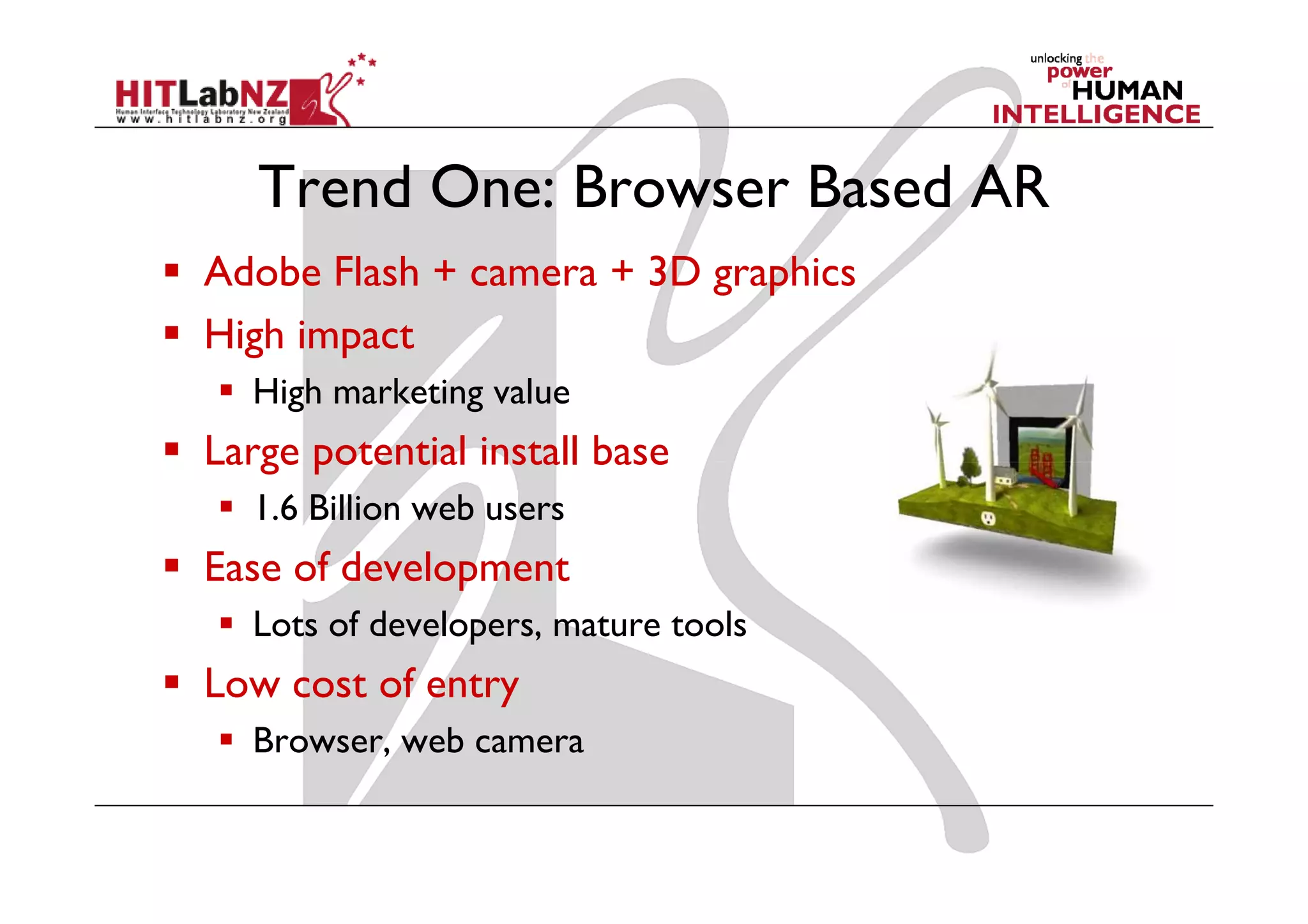 Trend One: Browser Based AR
Adobe Flash + camera + 3D graphics
High impact
  High marketing value
Large potential install base
  1.6 Billion web users
Ease of development
  Lots of developers, mature tools
Low cost of entry
  Browser, web camera
 