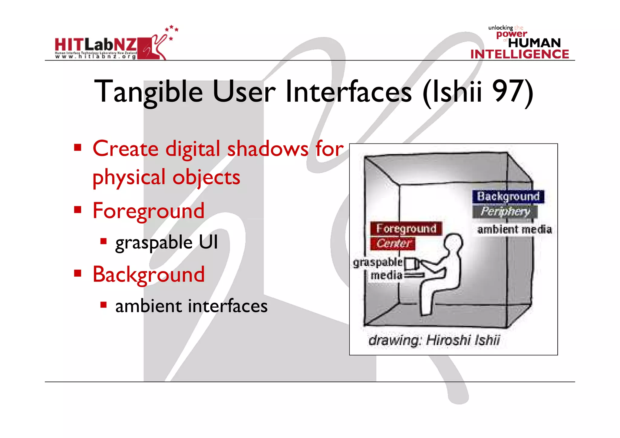 Tangible User Interfaces (Ishii 97)
Create digital shadows for
physical objects
Foreground
  graspable UI
Background
  ambient interfaces
 