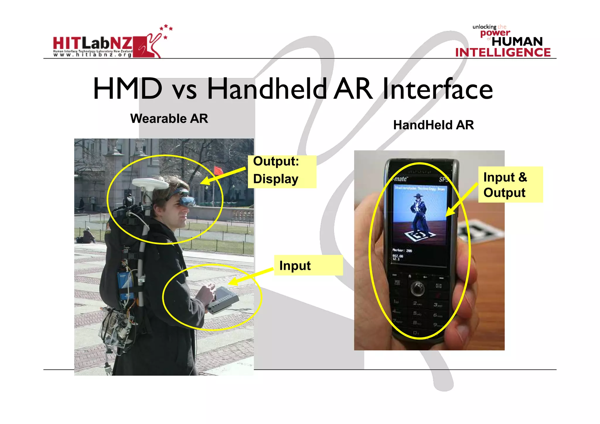 HMD vs Handheld AR Interface
  Wearable AR
                           HandHeld AR

                Output:
                Display                  Input &
                                         Output




                   Input
 