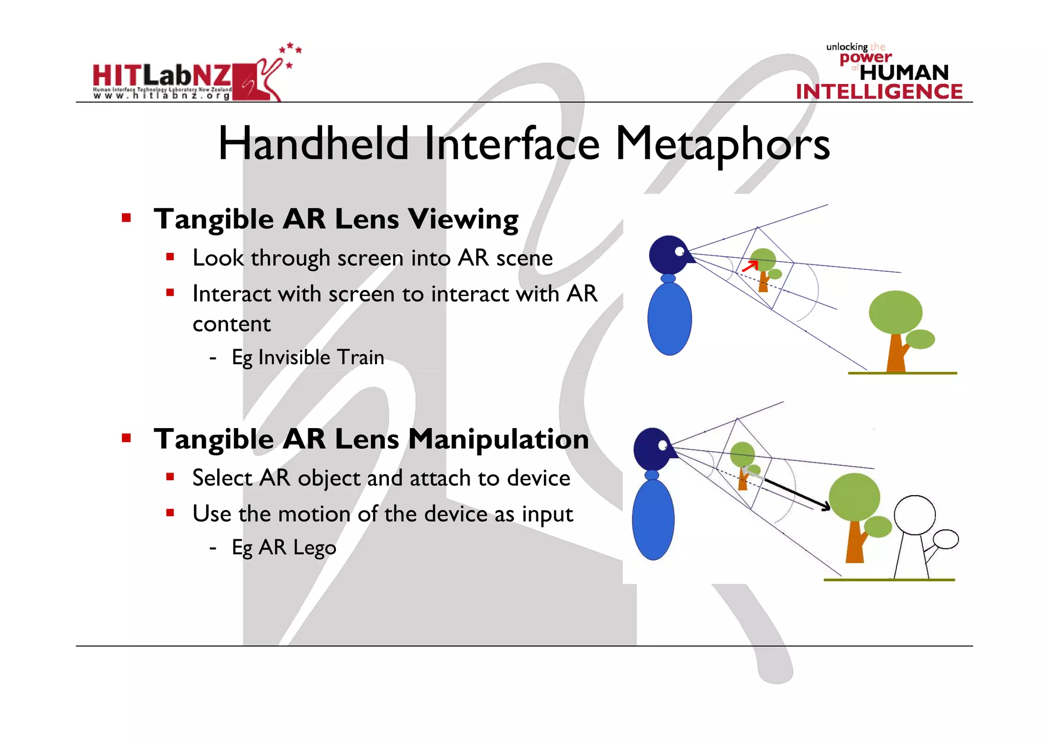 Handheld Interface Metaphors
Tangible AR Lens Viewing
  Look through screen into AR scene
  Interact with screen to interact with AR
  content
   - Eg Invisible Train


Tangible AR Lens Manipulation
  Select AR object and attach to device
  Use the motion of the device as input
   - Eg AR Lego
 