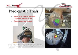 Medical AR Trials
            Sauer et al. 2000 at Siemens
            Corporate Research, NJ
            Stereo video see through




F. Sauer, Ali Khamene, S. Vogt: An Augmented Reality Navigation System with a
Single-Camera Tracker: System Design and Needle Biopsy Phantom Trial,
 MICCAI 2002
 