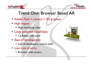 Trend One: Browser Based AR
Adobe Flash + camera + 3D graphics
High impact
  High marketing value
Large potential install base
  1.6 Billion web users
Ease of development
  Lots of developers, mature tools
Low cost of entry
  Browser, web camera
 