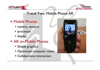 Trend Two: Mobile Phone AR

Mobile Phones
  camera, sensors
  processor
  display
AR on Mobile Phones
  Simple graphics
  Optimized computer vision
  Collaborative Interaction
 
