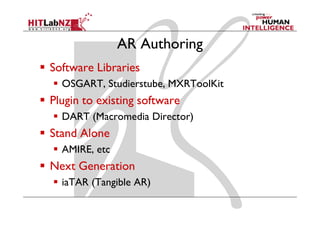 AR Authoring
Software Libraries
  OSGART, Studierstube, MXRToolKit
Plugin to existing software
  DART (Macromedia Director)
Stand Alone
  AMIRE, etc
Next Generation
  iaTAR (Tangible AR)
 