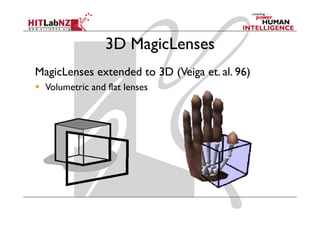 3D MagicLenses
MagicLenses extended to 3D (Veiga et. al. 96)
  Volumetric and flat lenses
 
