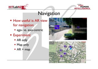 Navigation
How useful is AR view
for navigation
  ego- vs. exo-centric
Experiment
  AR only
  Map only
  AR + map
 