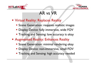 AR vs VR
Virtual Reality: Replaces Reality
  Scene Generation: requires realistic images
  Display Device: fully immersive, wide FOV
  Tracking and Sensing: low accuracy is okay
Augmented Reality: Enhances Reality
  Scene Generation: minimal rendering okay
  Display Device: non-immersive, small FOV
  Tracking and Sensing: high accuracy needed
 