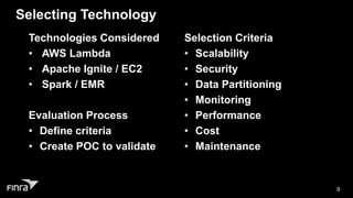 Selecting Technology
Technologies Considered
• AWS Lambda
• Apache Ignite / EC2
• Spark / EMR
Evaluation Process
• Define ...
