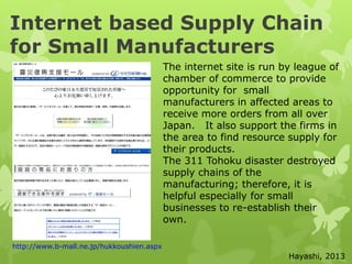 Internet based Supply Chain
for Small Manufacturers
http://www.b-mall.ne.jp/hukkoushien.aspx
The internet site is run by league of
chamber of commerce to provide
opportunity for small
manufacturers in affected areas to
receive more orders from all over
Japan. It also support the firms in
the area to find resource supply for
their products.
The 311 Tohoku disaster destroyed
supply chains of the
manufacturing; therefore, it is
helpful especially for small
businesses to re-establish their
own.
Hayashi, 2013
 