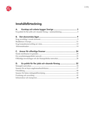 2 (53)




Innehållsförteckning
A.     Kunskap och arbete bygger Sverige ......................................... 3
En politik för fler jobb och växande företag – sammanfattning ..................................... 4

B. Det ekonomiska läget ................................................................... 9
Svag utveckling i svensk ekonomi........................................................................................ 9
Skuldkrisen i Europa ............................................................................................................11
Svag konjunkturutveckling att vänta..................................................................................12
Arbetsmarknaden .................................................................................................................14

C. Ansvar för offentliga finanser ..................................................... 24
Sunda statsfinanser är grunden...........................................................................................24
Ett sysselsättningspolitiskt ramverk...................................................................................25
Offentliga investeringar och det finanspolitiska ramverket............................................28

D.      En politik för fler jobb och växande företag ........................... 32
Strategisk samverkan ............................................................................................................34
Insatser för att bryta ungdomsarbetslösheten ..................................................................37
Omställning ...........................................................................................................................40
Insatser för bättre riskkapitalförsörjning...........................................................................44
Forskning och utveckling ....................................................................................................45
Infrastruktur och transporter..............................................................................................48
 