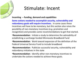 Stimulate: Incent
Incenting  -- funding, demand and capabilities
Some actions needed to accomplish security, vulnerability and 
redundancy goals will require incentives.  In some cases these
incentives will have to be monetary, but this section also raises the
possibility of non-monetary incentives (e.g. promotion and
recognition) and provides some recommendations to get that started.
•Recommendation: Initiate a study to determine the advisability of
establishing a surcharge-funded Minnesota Broadband Fund
•Recommendation: Work toward expansion of the definition of the
Federal Universal Service Fund to include broadband
•Recommendation: Publicize successful security, vulnerability and
redundancy initiatives in the state
•Recommendation: Identify other non-monetary incentives to
undertake the actions needed to achieve these goals.
Stimulate
 