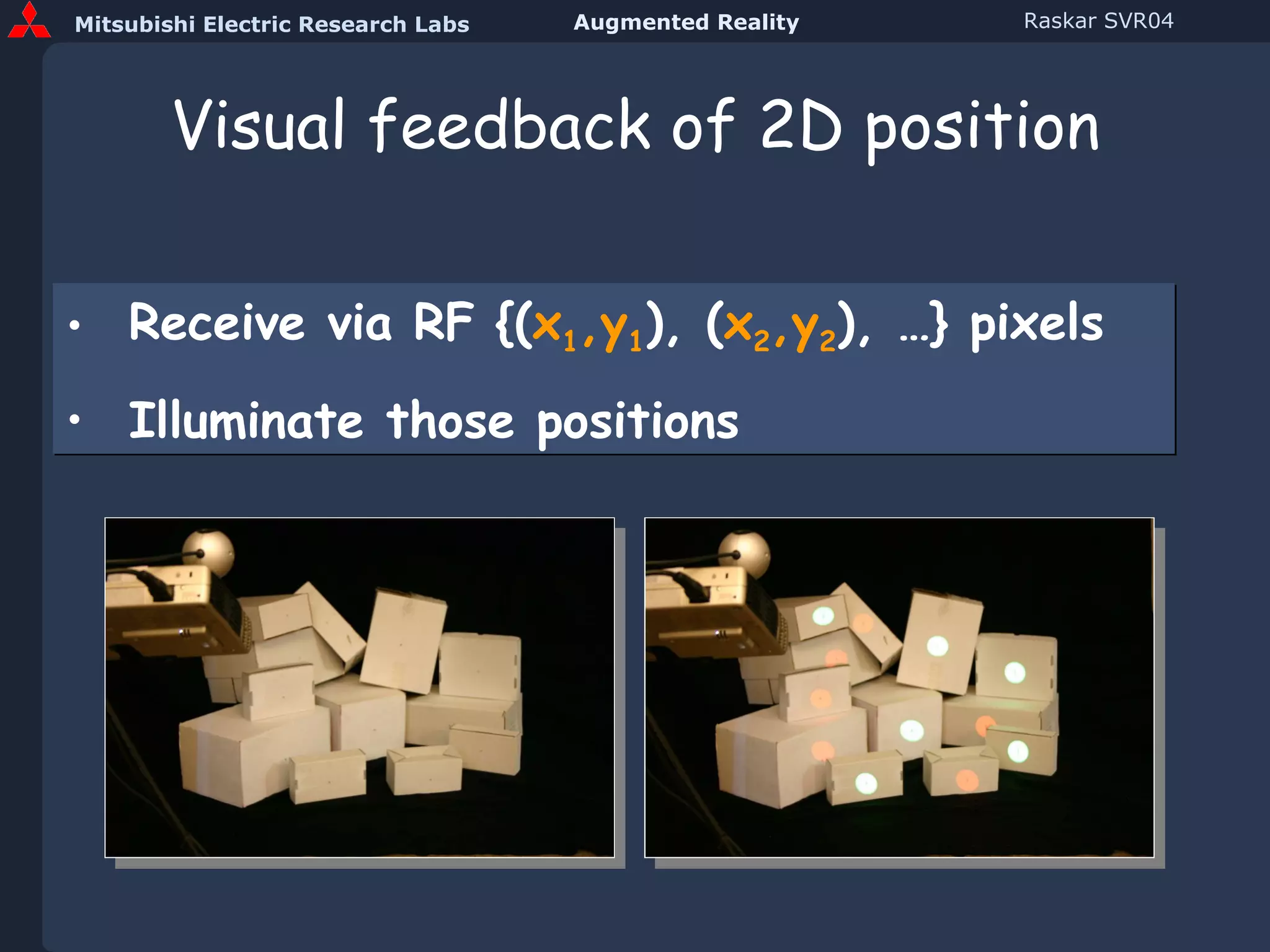 Visual feedback of 2D position Receive via RF {( x 1 ,y 1 ), ( x 2 ,y 2 ), …} pixels Illuminate those positions 