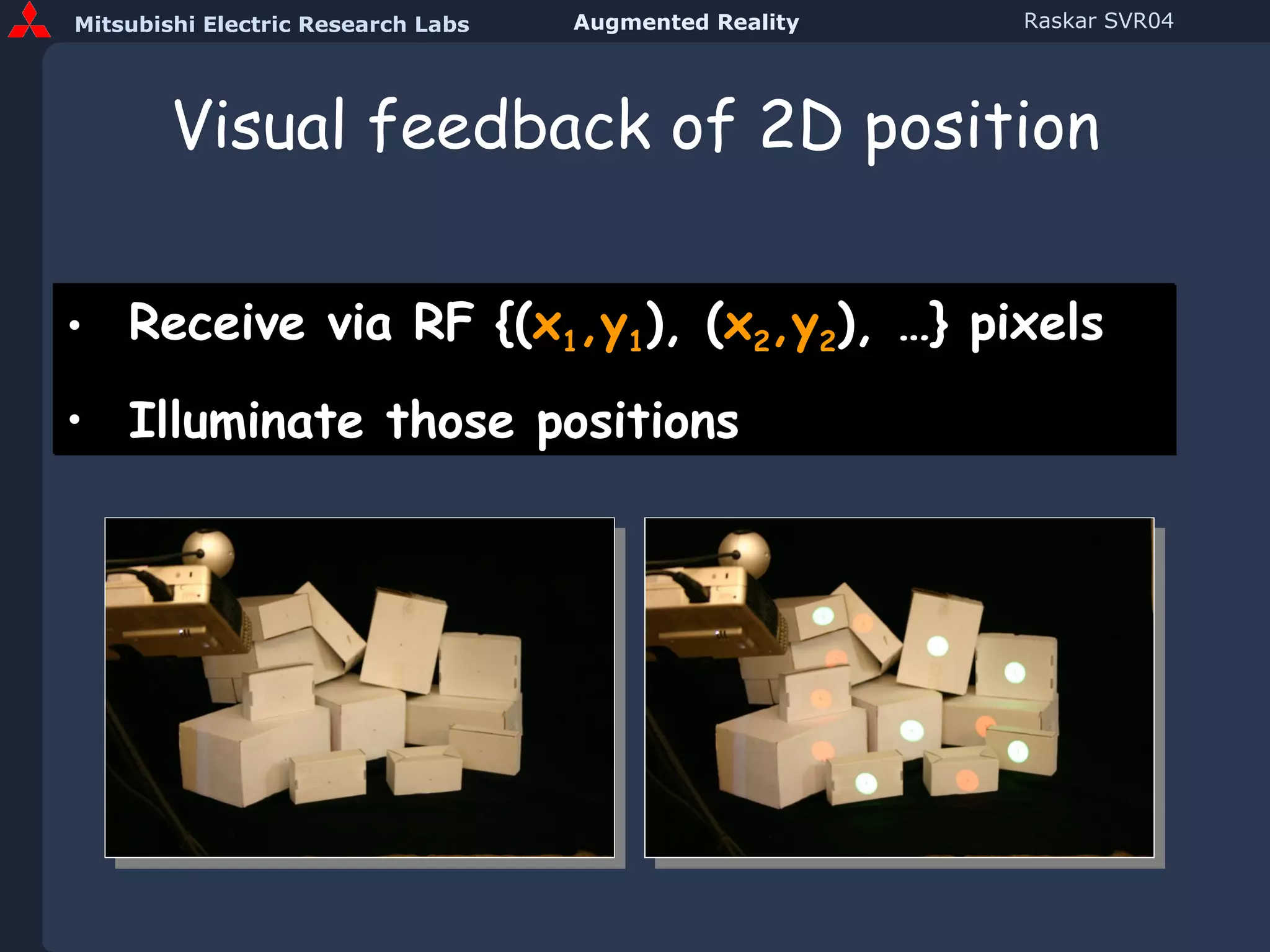 Visual feedback of 2D position Receive via RF {( x 1 ,y 1 ), ( x 2 ,y 2 ), …} pixels Illuminate those positions 